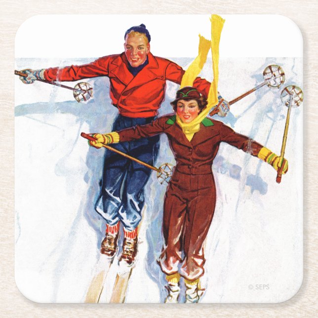 Couple Downhill Skiing Square Paper Coaster (Front)