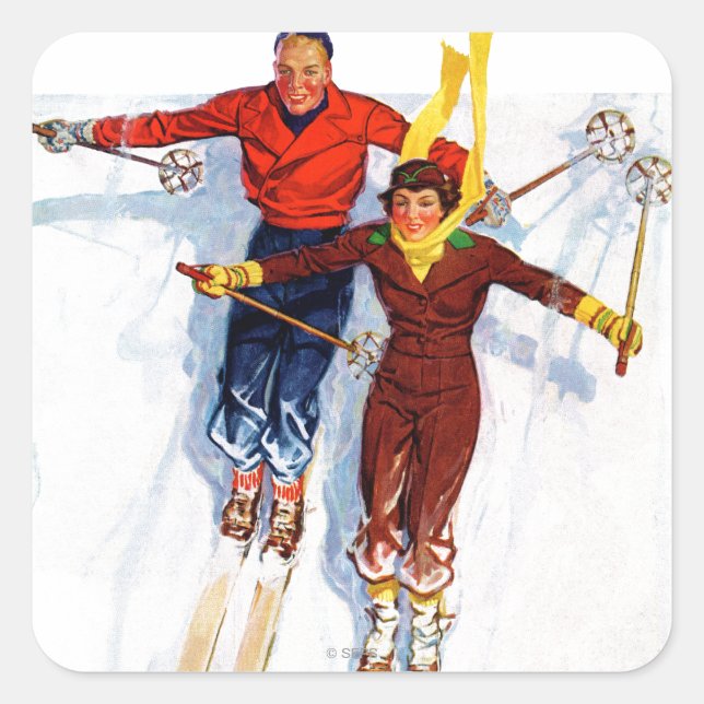 Couple Downhill Skiing Square Sticker (Front)