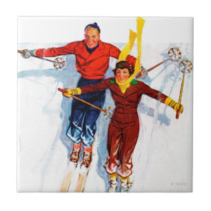 Couple Downhill Skiing Tile
