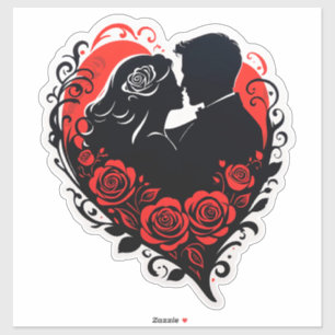 Couple Embracing In Red Heart With Ornate Rose