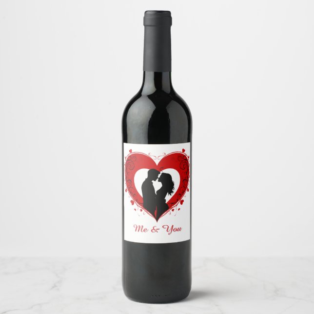 Couple Embracing Inside A Large Red Heart Wine Label (Front)