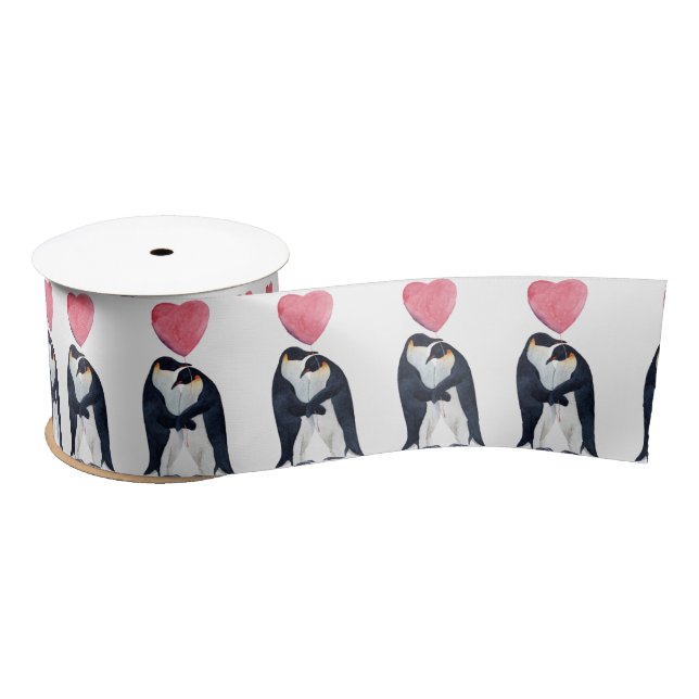 Couple Emperor Penguin Heart Valentine's Day    Satin Ribbon (Spool)
