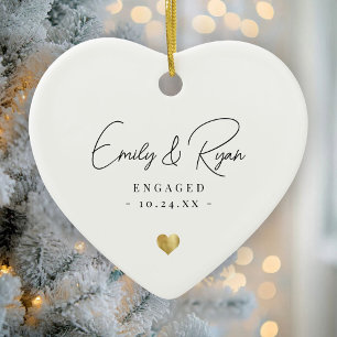 Couple Engagement Announcement Gold Heart Keepsake Ceramic Tree Decoration