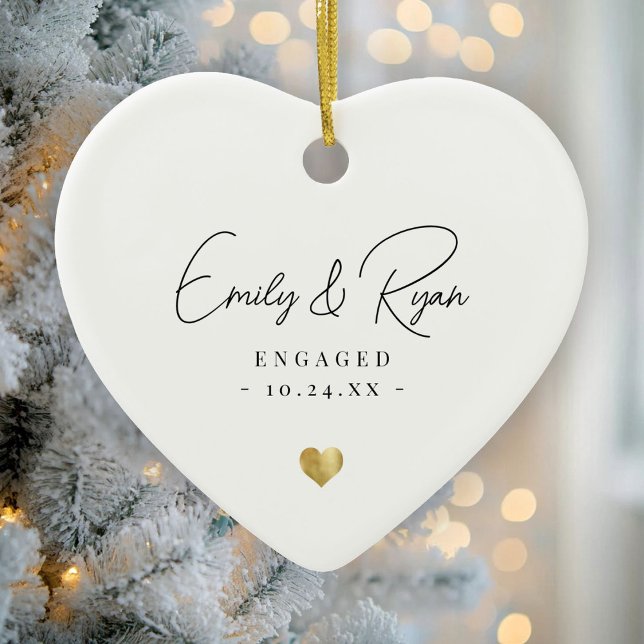 Couple Engagement Announcement Gold Heart Keepsake Ceramic Tree Decoration (Creator Uploaded)
