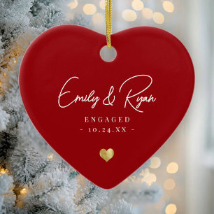 Couple Engagement Announcement Gold Heart Keepsake Ceramic Tree Decoration