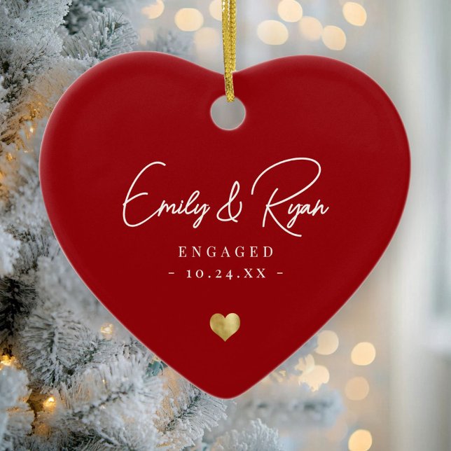 Couple Engagement Announcement Gold Heart Keepsake Ceramic Tree Decoration (Creator Uploaded)