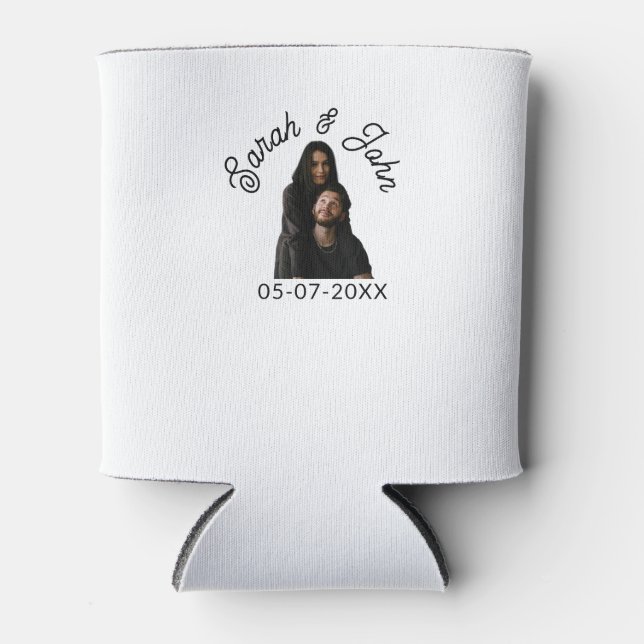Couple face photo add name date simple wedding  can cooler (Front)