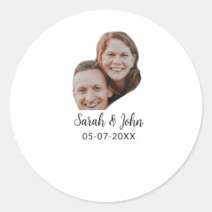 Couple face photo add name date simple wedding  classic round sticker
