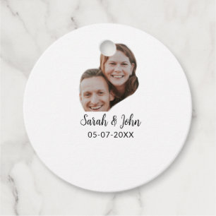 Couple face photo add name date simple wedding favour tags