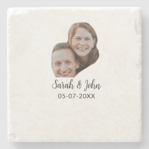 Couple face photo add name date simple wedding  stone coaster