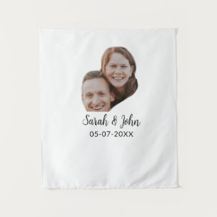 Couple face photo add name date simple wedding tapestry