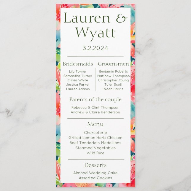 Couple Facts Tropical Wedding Program & Menu  (Back)