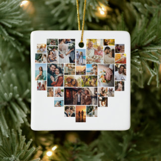 Couple Family Heart Shaped Photo Collage  Ceramic Ornament