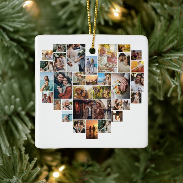 Couple Family Heart Shaped Photo Collage  Ceramic Ornament (Tree)