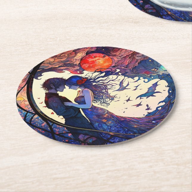 Couple Faux Stained Glass Round Paper Coaster (Angled)