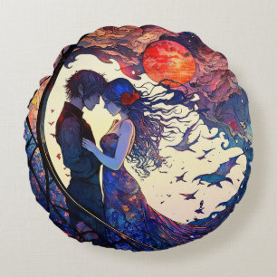 Couple Faux Stained Glass Round Pillow