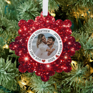 Couple First Christmas Name Photo Red Tree Decoration Card