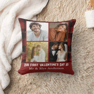 Couple First Valentines 4 Photo Collage Red Plaid Cushion