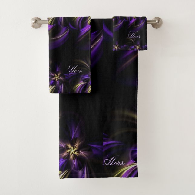 Couple Floral Black Yellow Purple His Hers Bath Towel Set (Insitu)