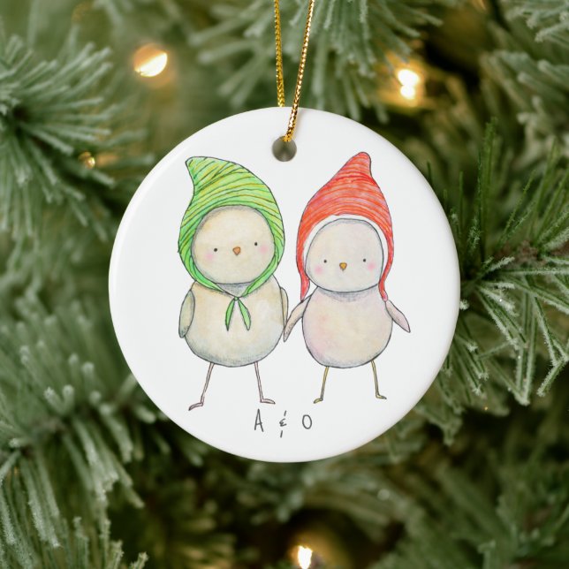 Couple Friend Christmas Together Cute Birds Custom Ceramic Tree Decoration (Tree)
