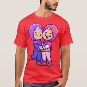 Couple Girl Moslem Celebrating Eid Mubarak Cartoon T-Shirt