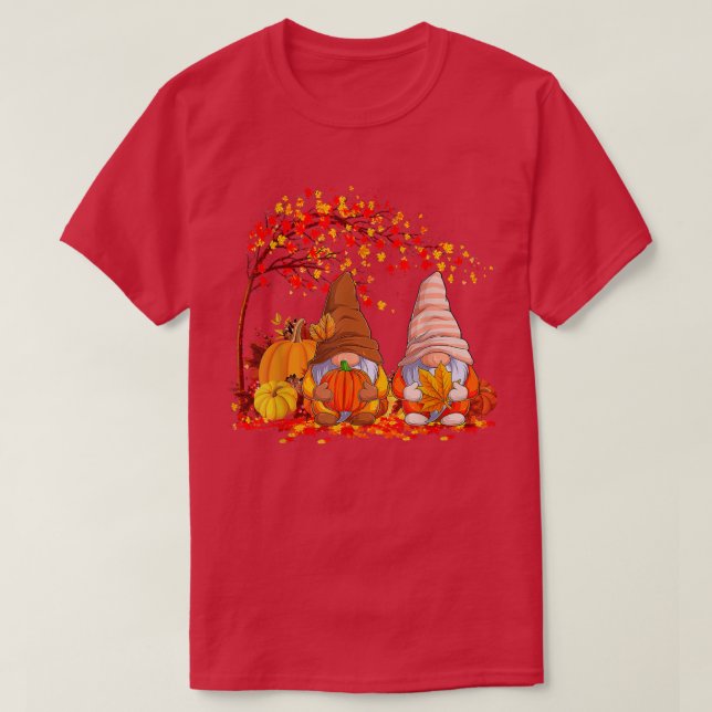 Couple Gnomes Pumpkins Maple Fall Tree Autumn Coll T-Shirt (Design Front)