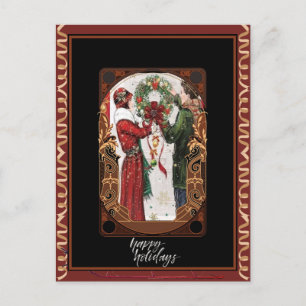 Couple Hanging a Wreath Art Deco Retro Postcard