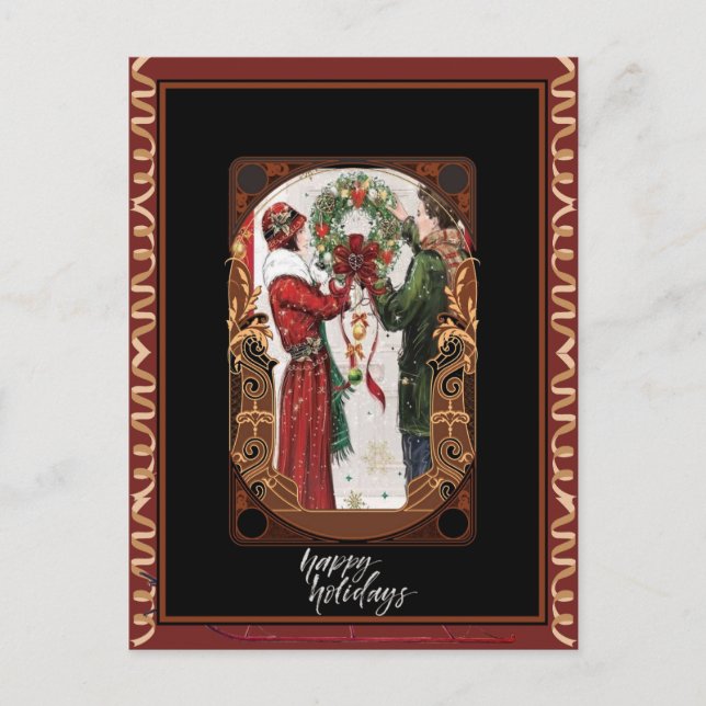 Couple Hanging a Wreath Art Deco Retro Postcard (Front)
