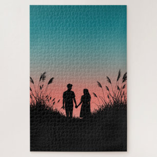 Couple Holding Hands Sunset Grass Field Jigsaw Puzzle