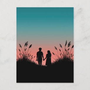 Couple Holding Hands Sunset Grass Field Postcard