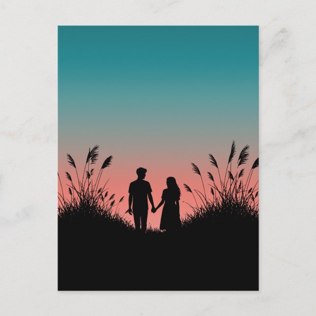 Couple Holding Hands Sunset Grass Field Postcard (Front)