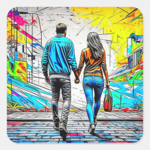 Couple Holding Hands Urban Graffiti Art Square Sticker