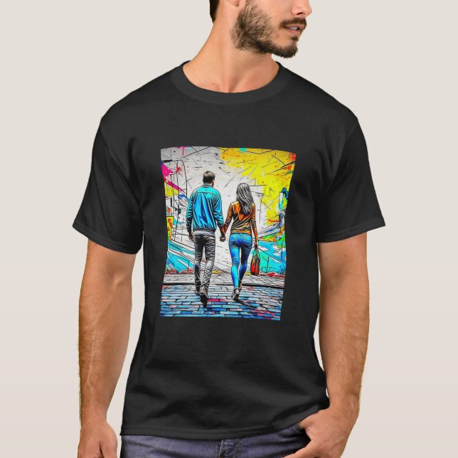 Couple Holding Hands Urban Street Art T-Shirt (Front)