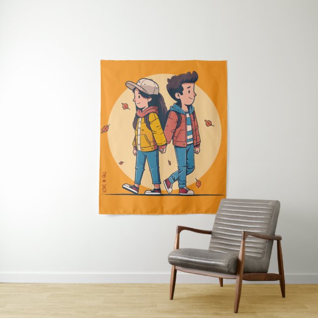 Couple holding hands walking together in fall tapestry (In Situ)