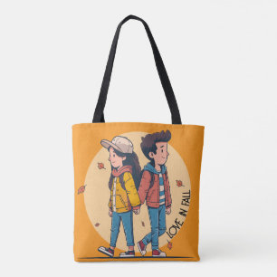 Couple holding hands walking together in fall tote bag