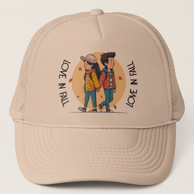 Couple holding hands walking together in fall trucker hat (Front)