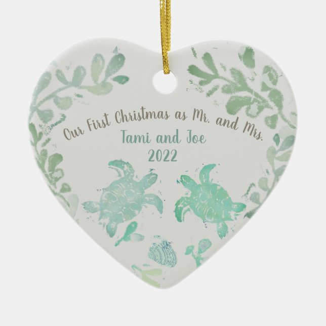 Couple Holiday Sea Turtle Coastal Beach Ornament (Front)