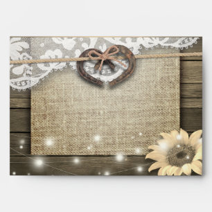 Couple Horseshoe Heart Lace Sunflower Wood Wedding Envelope