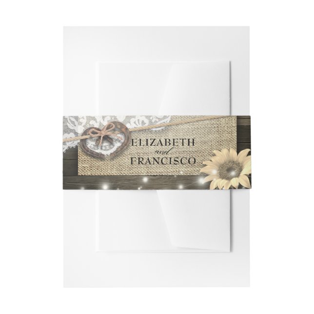 Couple Horseshoe Heart Lace Sunflower Wood Wedding Invitation Belly Band (Front Example)