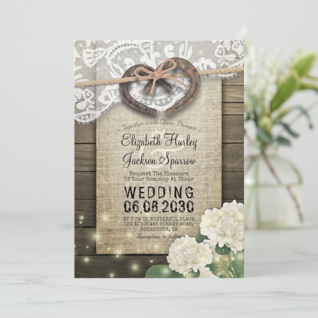 Couple Horseshoe Heart Lace Wood Hydrangea Wedding Invitation (Standing Front)