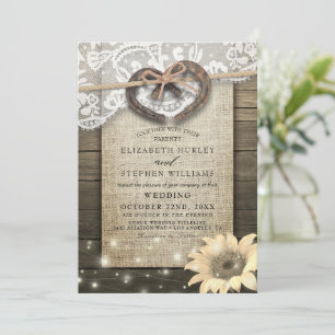 Couple Horseshoe Heart Lace Wood Sunflower Wedding Invitation