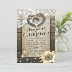 Couple Horseshoe Heart Lace Wood Sunflower Wedding Invitation