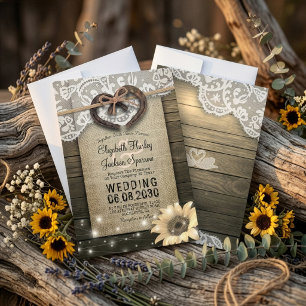 Couple Horseshoe Heart Lace Wood Sunflower Wedding Invitation