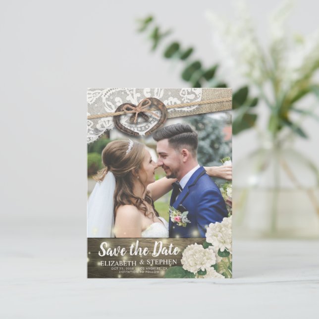Couple Horseshoe Hydrangea Wedding Save Date PHOTO Postcard (Standing Front)