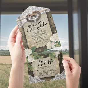 Couple Horseshoes Lace Wood Hydrangea Wedding RSVP All In One Invitation