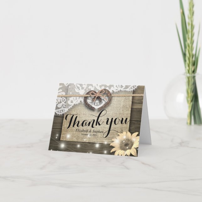 Couple Horseshoes Sunflower Wood Wedding Thank You Card (Front)