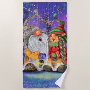 Couple Hugged Gnomes Singing Happy Christmas Song  Beach Towel
