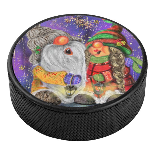 Couple Hugged Gnomes Singing Happy Christmas Song  Hockey Puck (3/4)