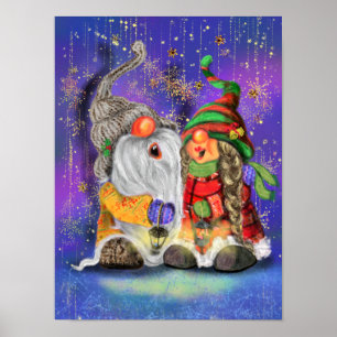 Couple Hugged Gnomes Singing Happy Christmas Song Poster