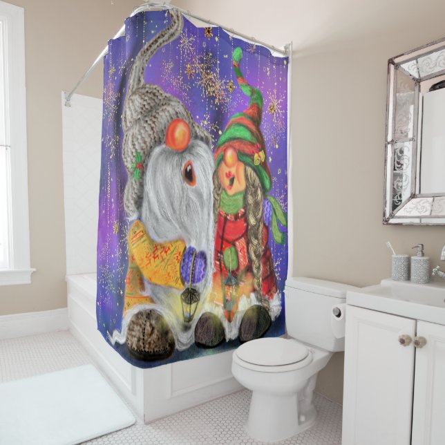 Couple Hugged Gnomes Singing Happy Christmas Song  Shower Curtain (In Situ)